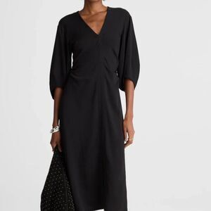 Madewell Jasmine Midi Dress Black Ruched Waist Crepe V Neck Slit Size 6 NWT